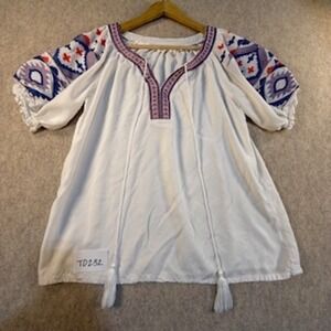 Luna Moon White Embroidered Peasant Blouse Tassel Tie Boho Top Womens Small